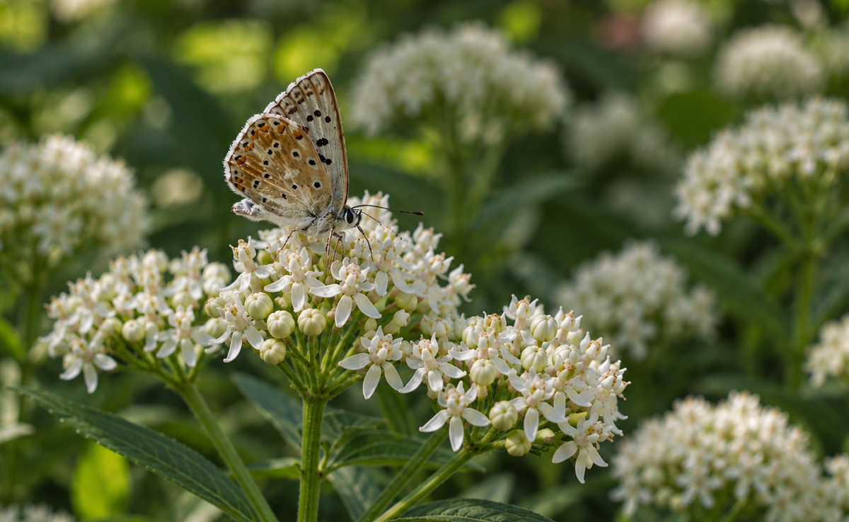 butterfly on white milkweed blossomdale